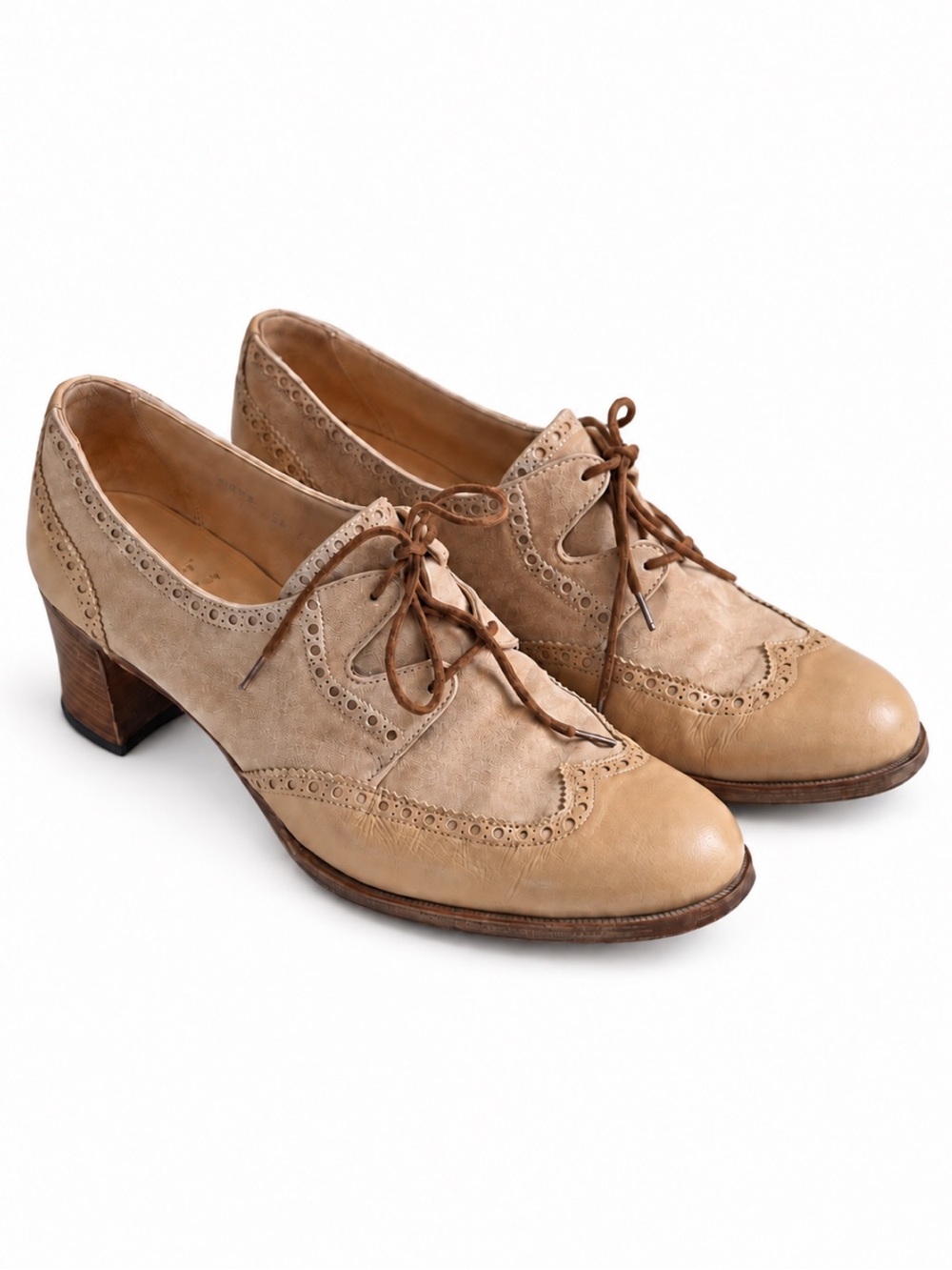 Gravati Tan Leather Suede Wingtip Oxford Block Heel Shoes Women’s Size 10